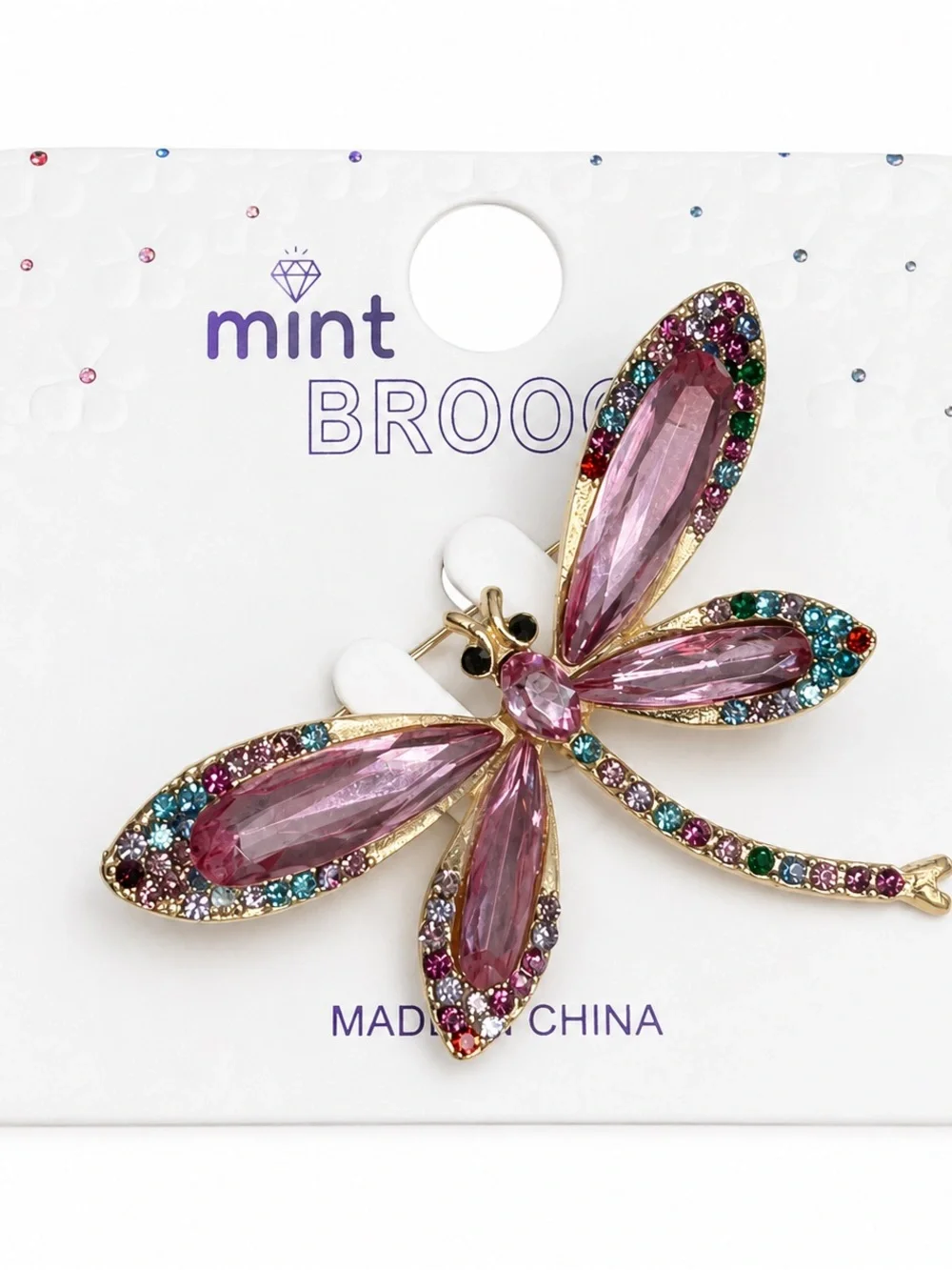 Mint Pink Multicolor Rhinestone Dragonfly Brooch Gold Tone NWT